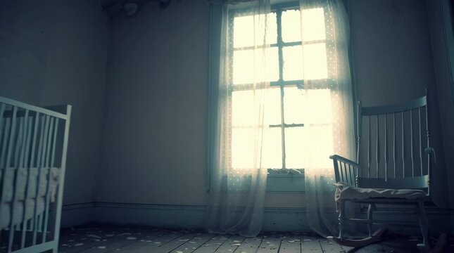 Abandoned nursery with empty white crib, rocking chair, peeling paint, debris scattered wooden floor, illuminated by daylight through sheer curtain, haunting melancholic atmosphere, eerie light