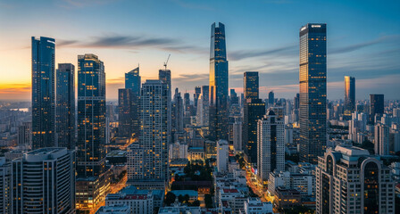 Obraz premium Stunning Cityscape at Sunrise A Panoramic View of Modern Urban Architecture
