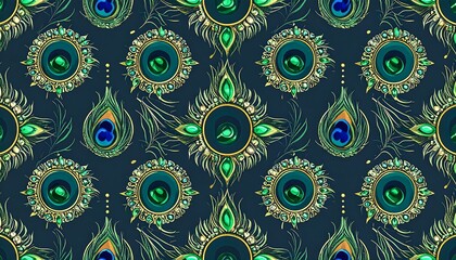 Luxurious peacock feather design with emerald and gold embellishments, creating a repeating pattern on a deep navy blue background.