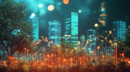 Boosting business growth a glowing graph tree amidst skyscrapers in a vibrant urban environment