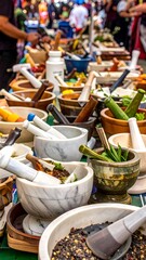 Colorful array of marble and wooden mortars and pestles filled with various spices and herbs, displayed at an outdoor market.
