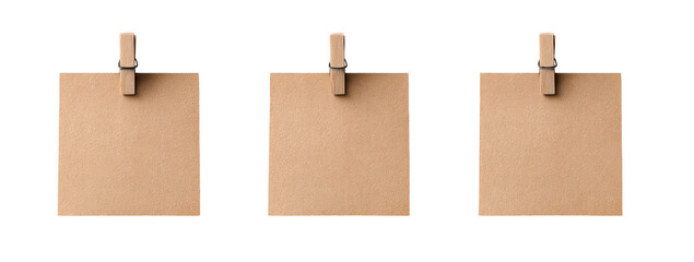 Three light beige square notepads with wooden clothespins
