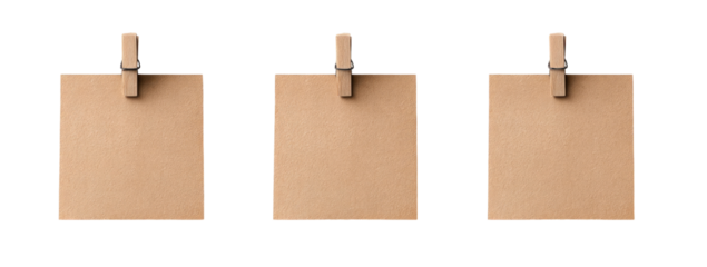 Three light beige square notepads with wooden clothespins