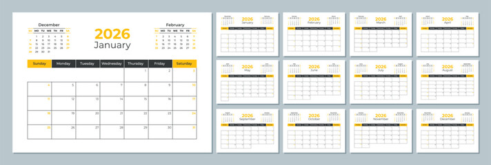 2026 calendar template. Corporate and business planner diary. The week starts on Sunday. Set of 12 months of pages.