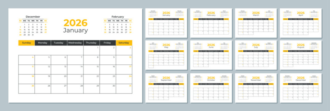 2026 calendar template. Corporate and business planner diary. The week starts on Sunday. Set of 12 months of pages.