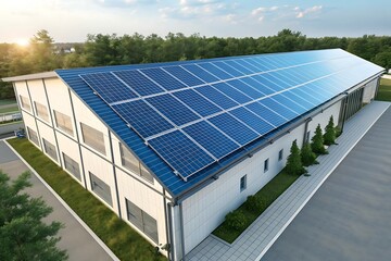 Long industrial building covered with solar panels on its roof, illuminated by the soft light of the setting sun