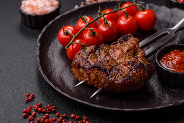 Pork breast steak, grilled fillet, healthy food, lunch. Pork steak as food background