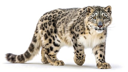 Obraz premium Snow leopard walking isolated on white background with spotted fur 