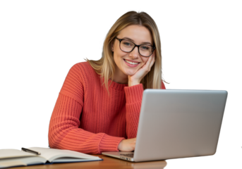 Smiling young woman integrating technology into her study routine, showcasing modern educational approaches and focused learning