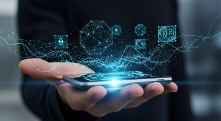 A hand holds a smartphone displaying intricate digital graphics and data visualizations.