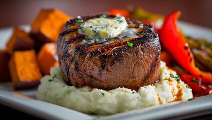 seared steak on the side of a filet mignon, served with baby potatoes and carrots on an elegant plate. the steak is perfectly grilled, showcasing its tender texture and rich marbling. 