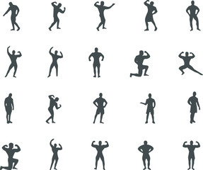 Naklejka premium Bodybuilding silhouette, fitness poses, muscular figure, gym workout, strength training, flexing biceps, athletic stance, black icons, exercise motion, male physique