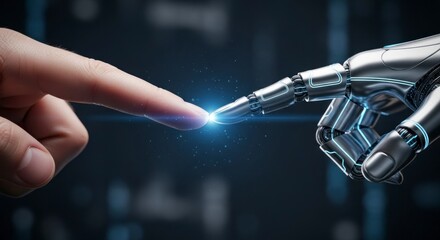 A human finger and a metallic robot hand touch, symbolizing the connection between technology and humanity.