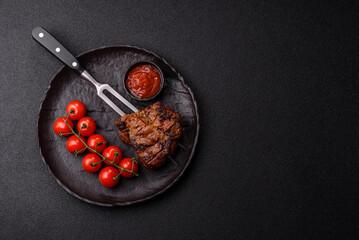 Pork breast steak, grilled fillet, healthy food, lunch. Pork steak as food background