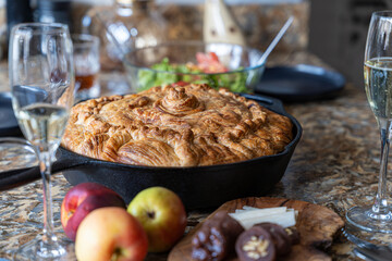 Tatar balesh pie, homemade traditional tatar cuisine, rustic potato meat pie, family home cooking, authentic ethnic food, traditional home party cuisine, view from above