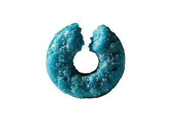 Extreme macro of a vibrant azure blue fruity cereal loop, glossy with sugary dust, snapped open showing crisp interior, on transparent background, high-contrast, concept of precision and fragility