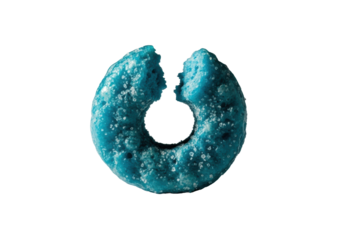 Extreme macro of a vibrant azure blue fruity cereal loop, glossy with sugary dust, snapped open showing crisp interior, on transparent background, high-contrast, concept of precision and fragility