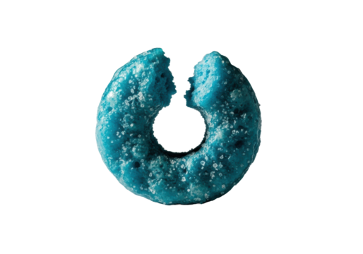 Extreme macro of a vibrant azure blue fruity cereal loop, glossy with sugary dust, snapped open showing crisp interior, on transparent background, high-contrast, concept of precision and fragility