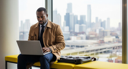 Stylish businessman seated on yellow bench, laptop open, city view outside, productivity in modern workplace