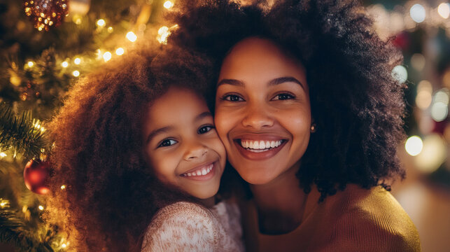 Happy african mother and daughter smiling on camera during christmas eve with tree in background - Holiday, xmas and childhood concept - Model by AI generative