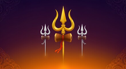 Ornate Golden Trident with Damru Drum on Decorative Background