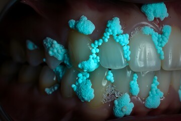 Dental plaque illuminated showing bacteria buildup on teeth surface for educational use only