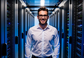 Fototapeta premium Professioneller Mann in Rechenzentrum mit Servern