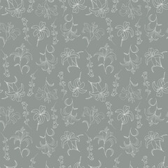 Seamless pattern with white lilies on grey background. Cute ornament for wallpaper, fabric, card.