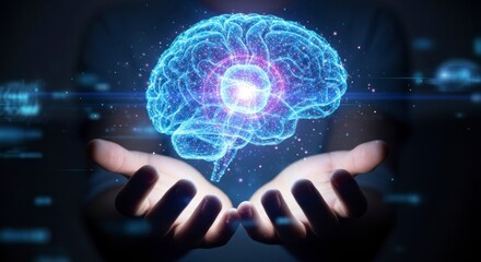 A digital representation of a human brain hovers in the air, gently held by a hand, illuminating the concept of advanced technology and the human mind.