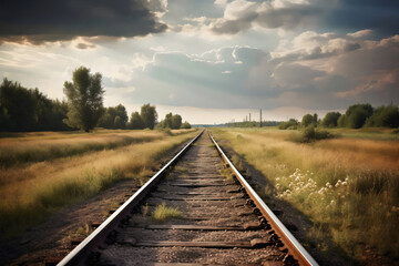 Fototapeta premium Endlose Bahngleise durch Sommerlandschaft – Natur und Reise Fotokunst