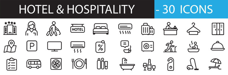Hotel Icon Set – 30 Thin Line Vector Icons for Hospitality Services, Amenities, Travel, Accommodation, and Guest Experience – Minimalist Design for UI, Booking, and Tourism Platforms