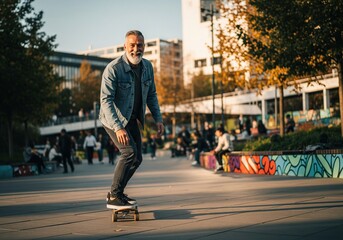 Fototapeta premium Mature Man Skateboarding Outdoors in Urban Environment with Buildings and Sunlight
