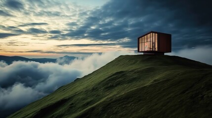 A lone black cabin stands on lush green hills under dark, moody clouds, with a towering mountain and misty atmosphere creating a sense of isolation and serenity.