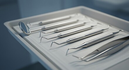 Dental instruments arranged on a tray ready for a checkup examination or treatment in a clinic