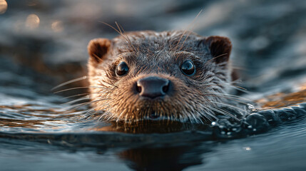 Fototapeta premium Curious otter swimming in calm water during sunset in a natural habitat setting