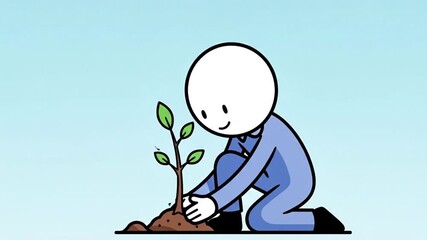Simple animation of a character planting a small tree sapling representing environmental conservation sustainability growth and a green future.