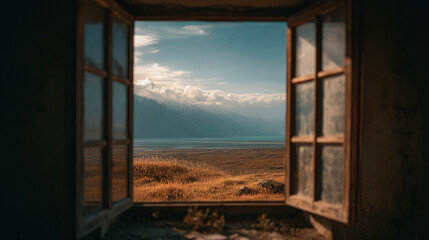 Scenic view of mountains and a lake from an open window in a rustic building
