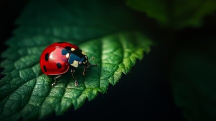 Obraz premium A closeup of a ladybug resting on a leaf natural setting insect photography macro view vibrant red color