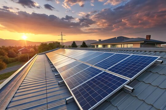 Closeup view of solar panels installed on a residential rooftop during a dramatic sunset, with warm sunlight reflecting off the panels and illuminating the clouds, highlighting home energy solutions
