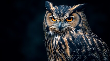 Fototapeta premium Majestic owl perched on a branch forest closeup photography wildlife nature serene environment eye-level perspective