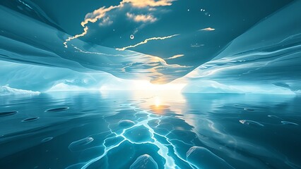 Glowing subglacial rivers pulse under angular ice formations, generating impossible light refraction effects.