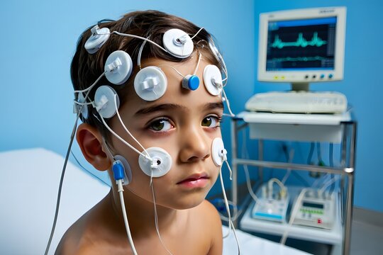 Child undergoing electroencephalogram test with electrodes attached to head in hospital settiing
