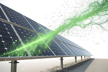 A stream of green energy flows across a solar panel, symbolizing renewable power and environmental sustainability