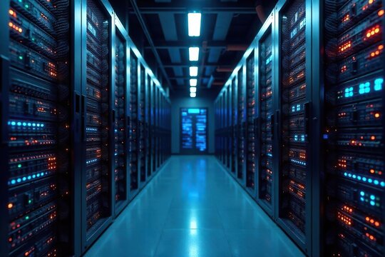 Secure server room with rows of hard drives, network cables, and blinking lights, ensuring data safety and business continuity , information security, database, backup