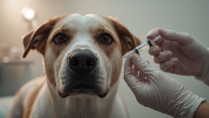 A heartwarming moment captures the anticipation of a vaccine administered to a canine, showcasing trust and care in the veterinary setting.