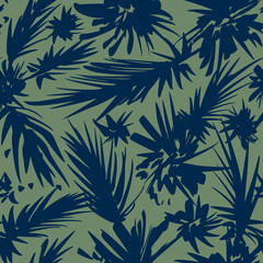 Seamless tropical trendy linear vector vintage ink exotic style. Branches leaves elements pattern jungle silhouette pattern handmade for decoration, textiles, postcards, print design khaki color