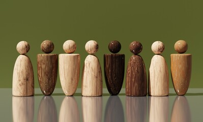 Wooden Miniature People Group in Line. A group of small wooden figurines symbolizes diversity, teamwork, equality, and inclusion, unity, mixed race identity, 3D