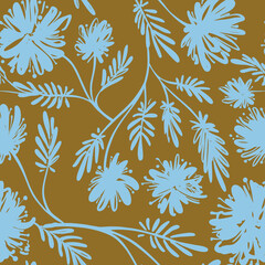 Seamless delicate trendy linear floral vector vintage ink retro style. Branches leaves elements grass pattern handmade for decoration, textiles, postcards, print design blue on brown background