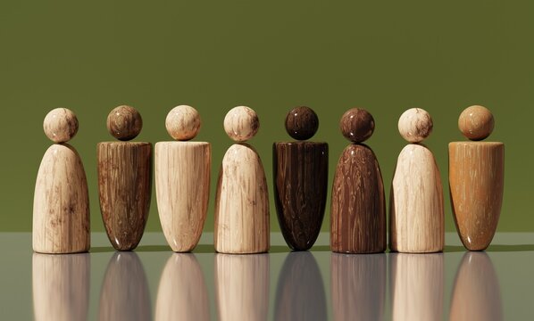 Wooden Miniature People Group in Line. A group of small wooden figurines symbolizes diversity, teamwork, equality, and inclusion, unity, mixed race identity, 3D - Powered by Adobe