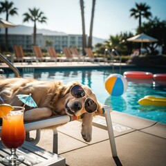 Relaxed Golden Retriever Dog Wearing Sunglasses Lounging by Poolside with Drink